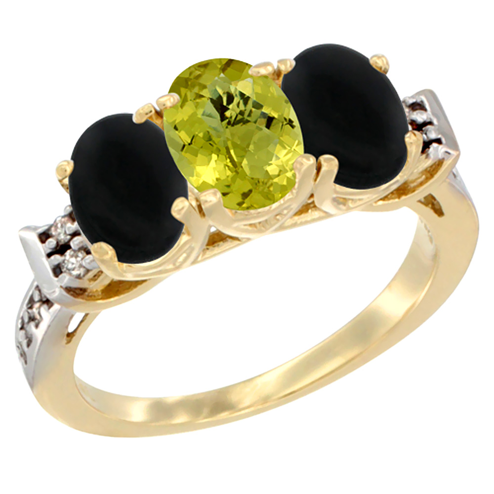 10K Yellow Gold Natural Lemon Quartz & Black Onyx Sides Ring 3-Stone Oval 7x5 mm Diamond Accent, sizes 5 - 10