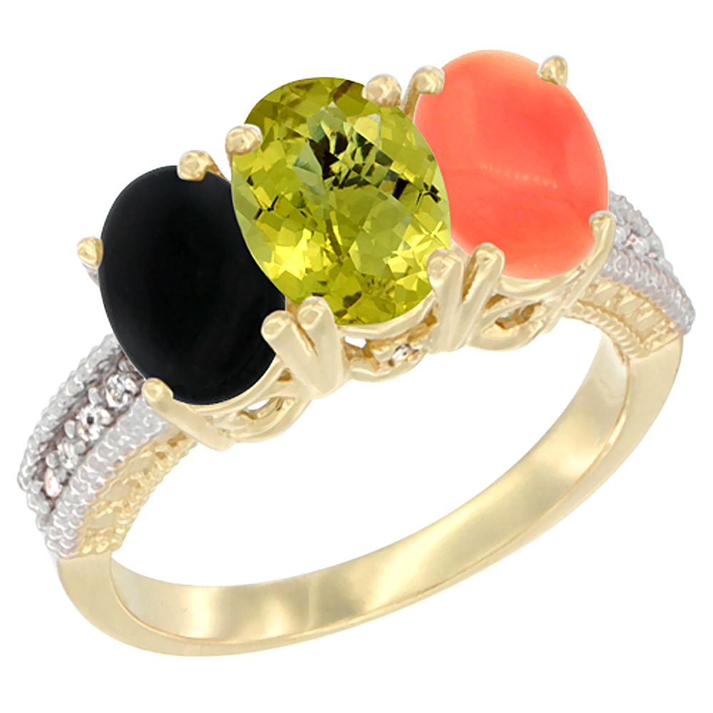 10K Yellow Gold Natural Black Onyx, Lemon Quartz & Coral Ring 3-Stone Oval 7x5 mm Diamond Accent, sizes 5 - 10