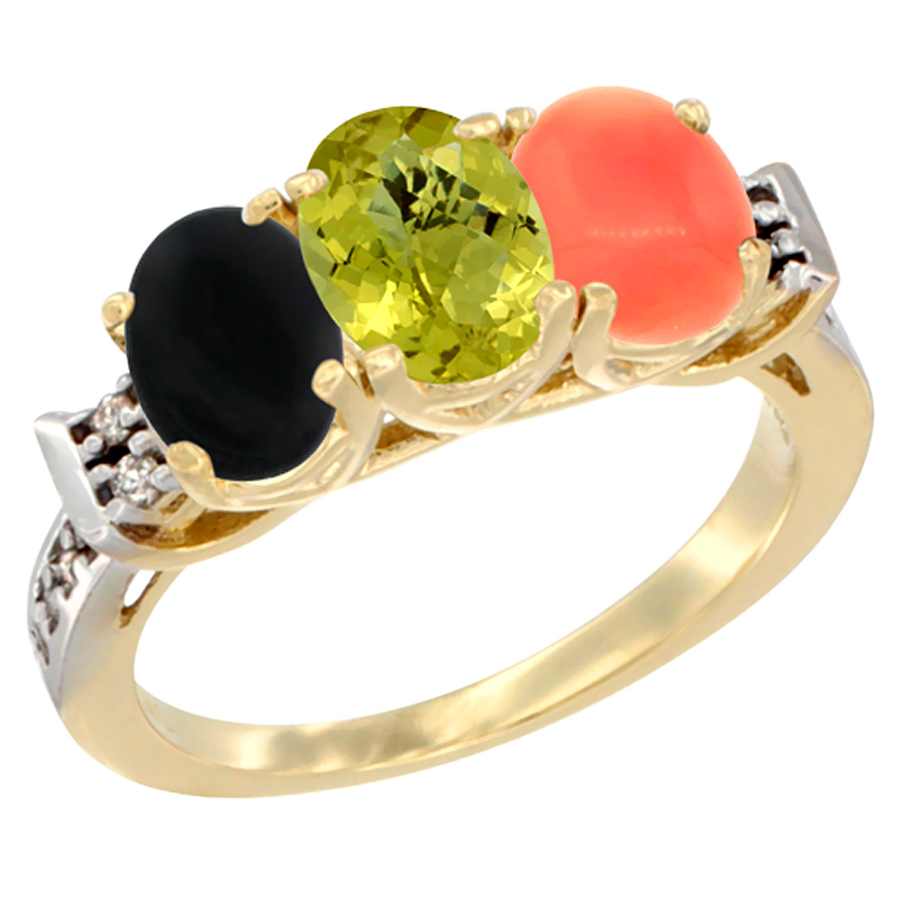 10K Yellow Gold Natural Black Onyx, Lemon Quartz & Coral Ring 3-Stone Oval 7x5 mm Diamond Accent, sizes 5 - 10