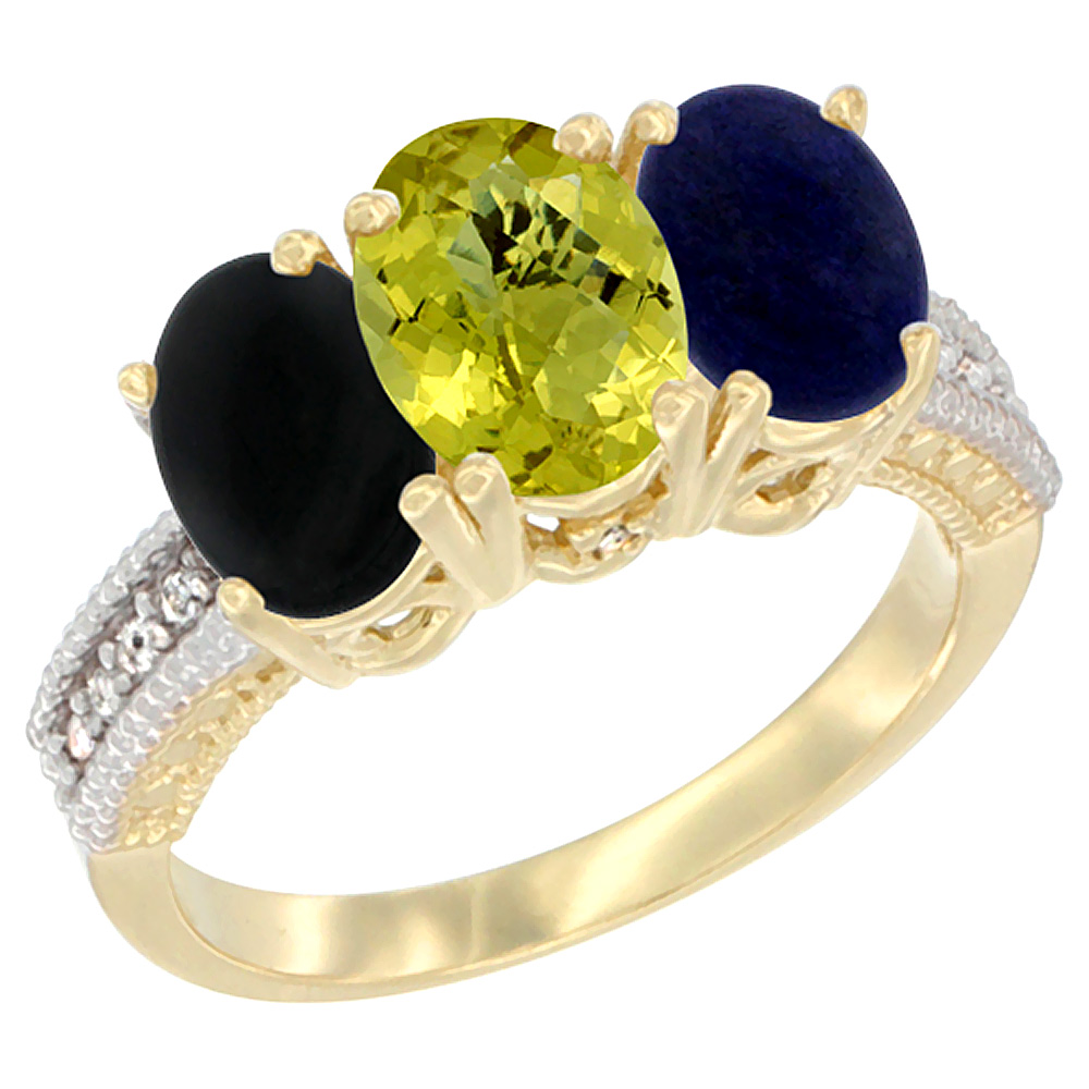 10K Yellow Gold Natural Black Onyx, Lemon Quartz & Lapis Ring 3-Stone Oval 7x5 mm Diamond Accent, sizes 5 - 10