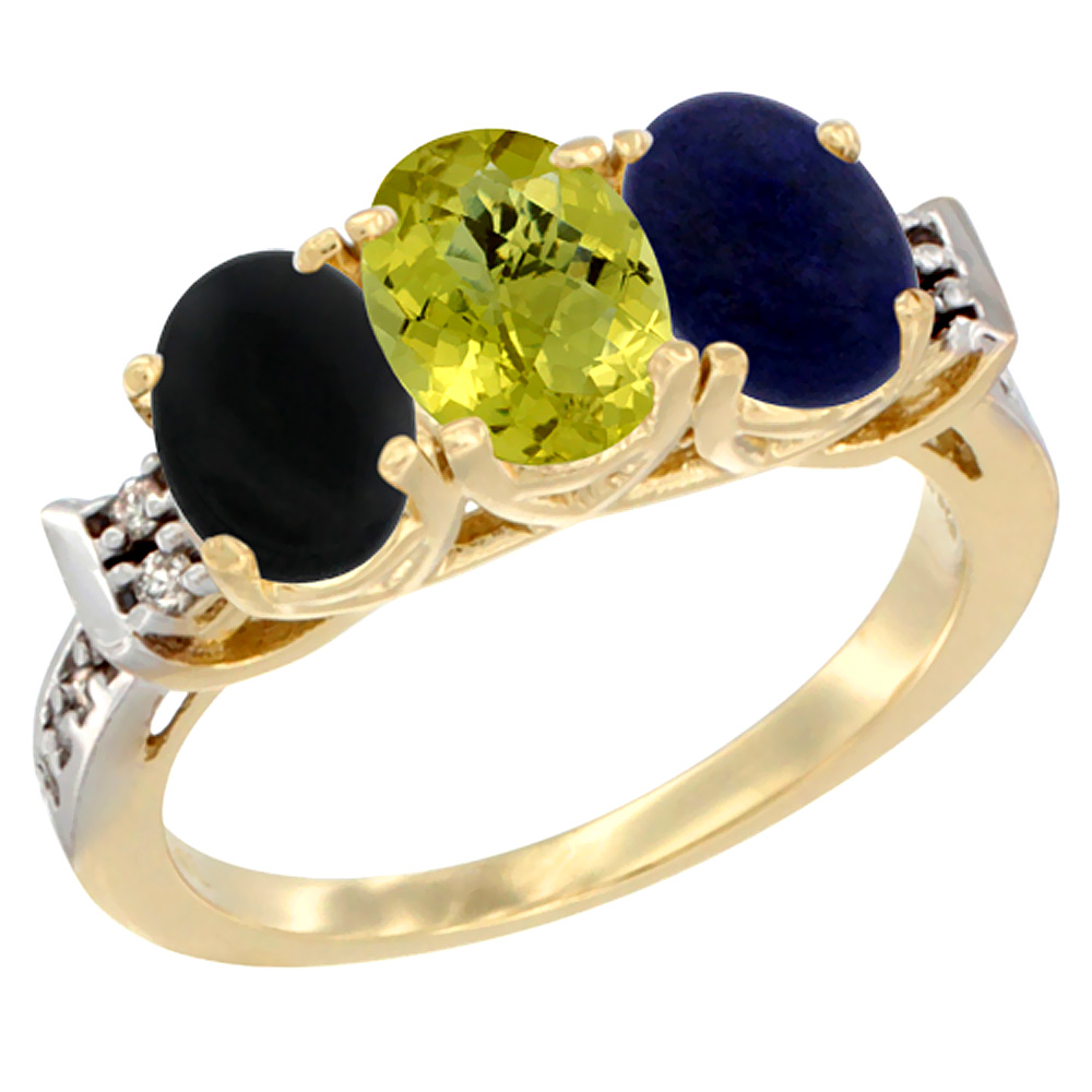 10K Yellow Gold Natural Black Onyx, Lemon Quartz & Lapis Ring 3-Stone Oval 7x5 mm Diamond Accent, sizes 5 - 10