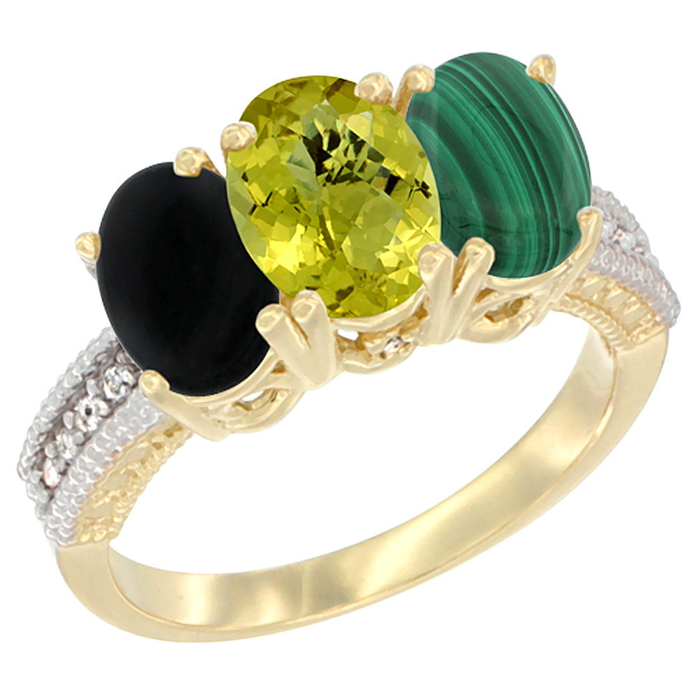 10K Yellow Gold Natural Black Onyx, Lemon Quartz & Malachite Ring 3-Stone Oval 7x5 mm Diamond Accent, sizes 5 - 10