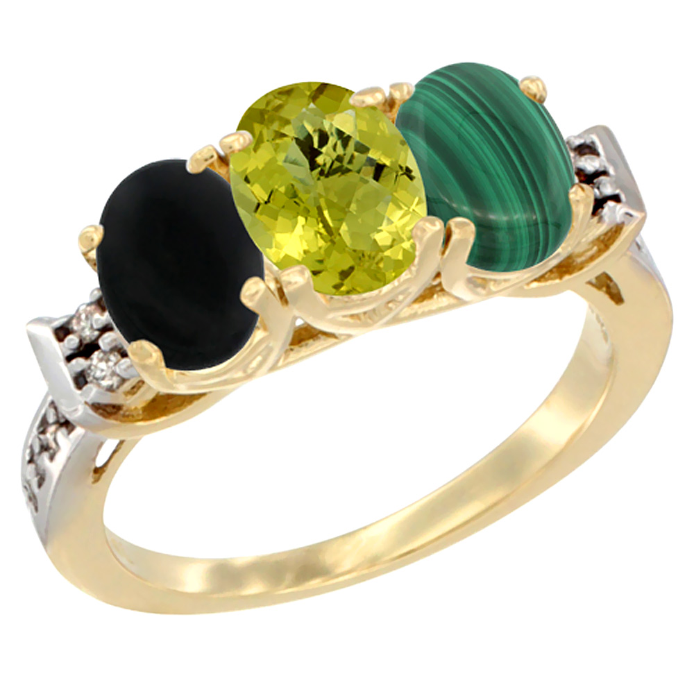 10K Yellow Gold Natural Black Onyx, Lemon Quartz & Malachite Ring 3-Stone Oval 7x5 mm Diamond Accent, sizes 5 - 10