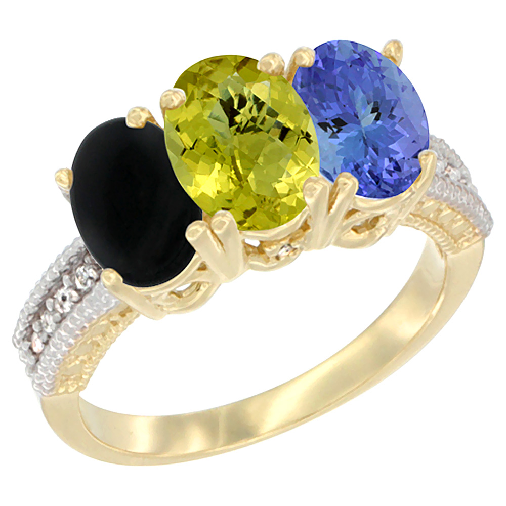 10K Yellow Gold Natural Black Onyx, Lemon Quartz & Tanzanite Ring 3-Stone Oval 7x5 mm Diamond Accent, sizes 5 - 10