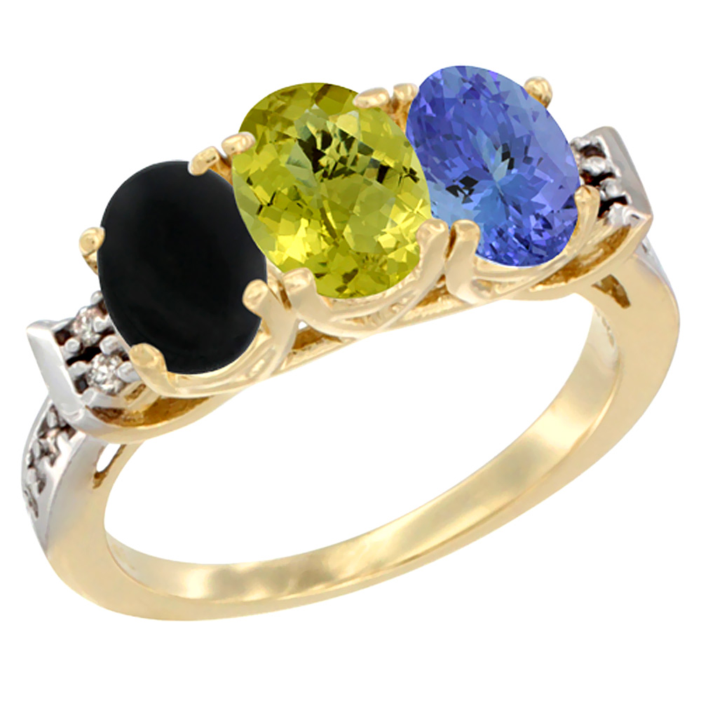 10K Yellow Gold Natural Black Onyx, Lemon Quartz & Tanzanite Ring 3-Stone Oval 7x5 mm Diamond Accent, sizes 5 - 10