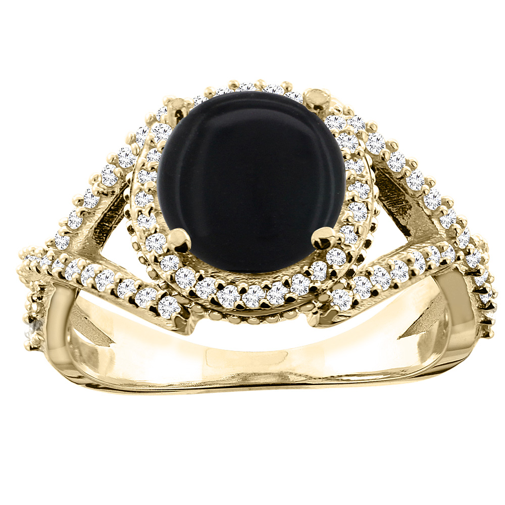 10K White/Yellow/Rose Gold Natural Black Onyx Ring Round 8mm Diamond Accent, sizes 5 - 10