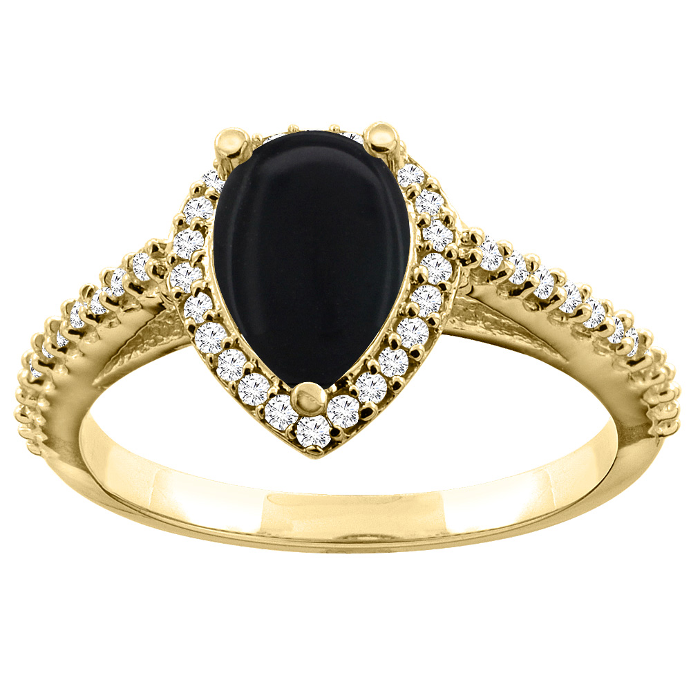 10K Yellow Gold Natural Black Onyx Ring Pear 9x7mm Diamond Accents, sizes 5 - 10