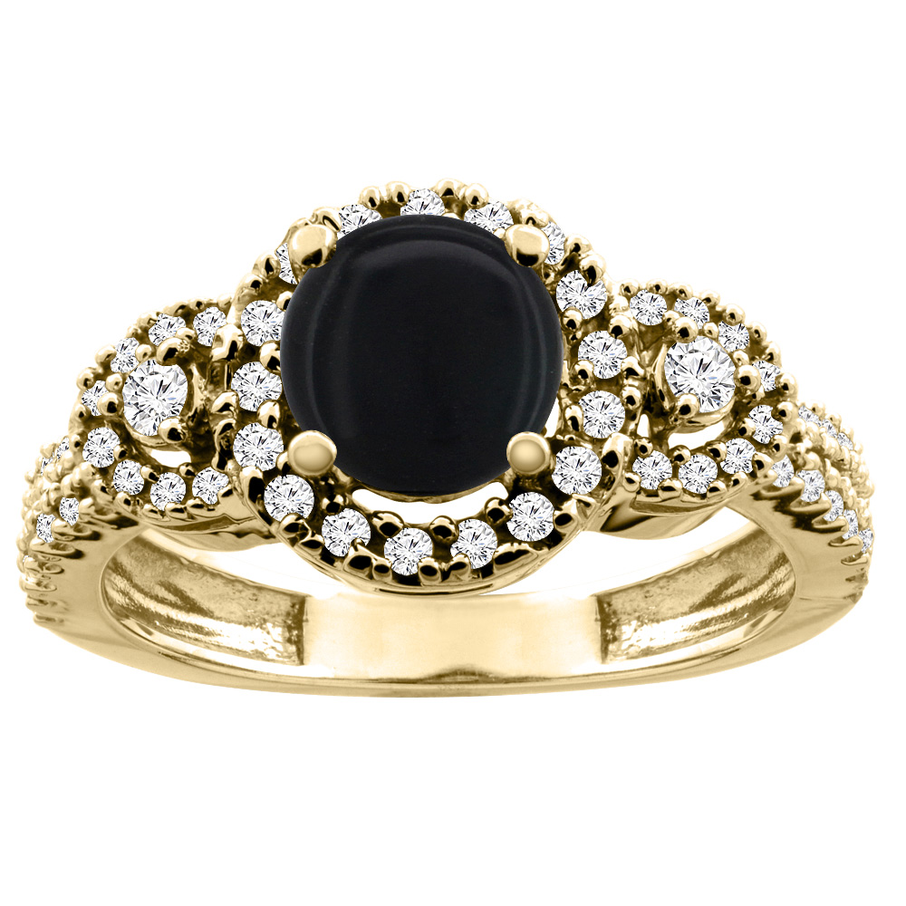 10K White/Yellow Gold Diamond Halo Natural Black Onyx Ring Round 6mm, sizes 5 - 10