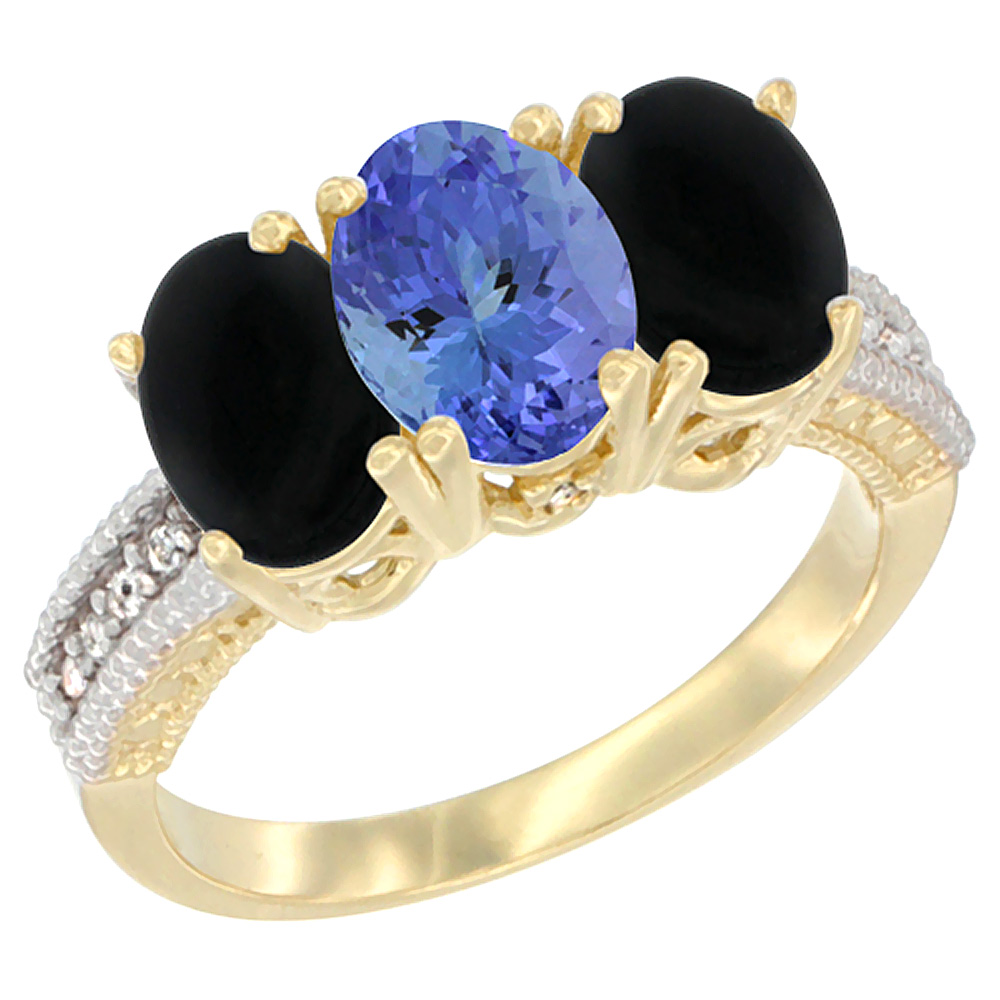 10K Yellow Gold Natural Tanzanite & Black Onyx Ring 3-Stone Oval 7x5 mm Diamond Accent, sizes 5 - 10