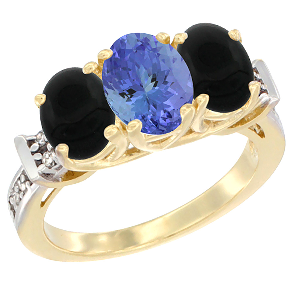 10K Yellow Gold Natural Tanzanite & Black Onyx Sides Ring 3-Stone Oval Diamond Accent, sizes 5 - 10
