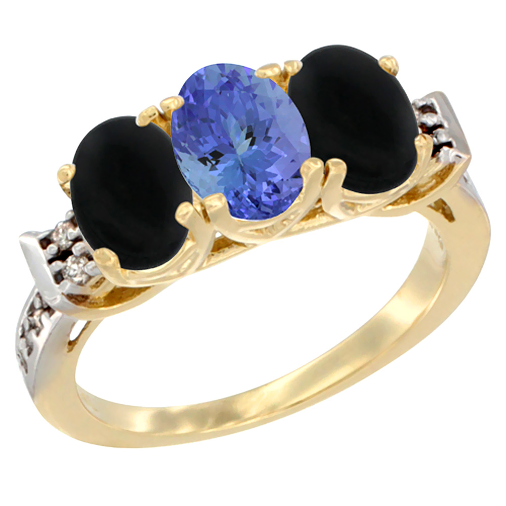 10K Yellow Gold Natural Tanzanite & Black Onyx Sides Ring 3-Stone Oval 7x5 mm Diamond Accent, sizes 5 - 10