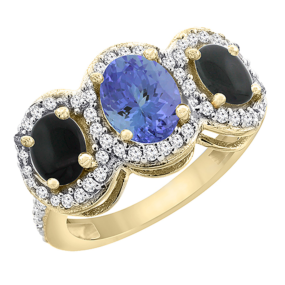 10K Yellow Gold Natural Tanzanite & Black Onyx 3-Stone Ring Oval Diamond Accent, sizes 5 - 10