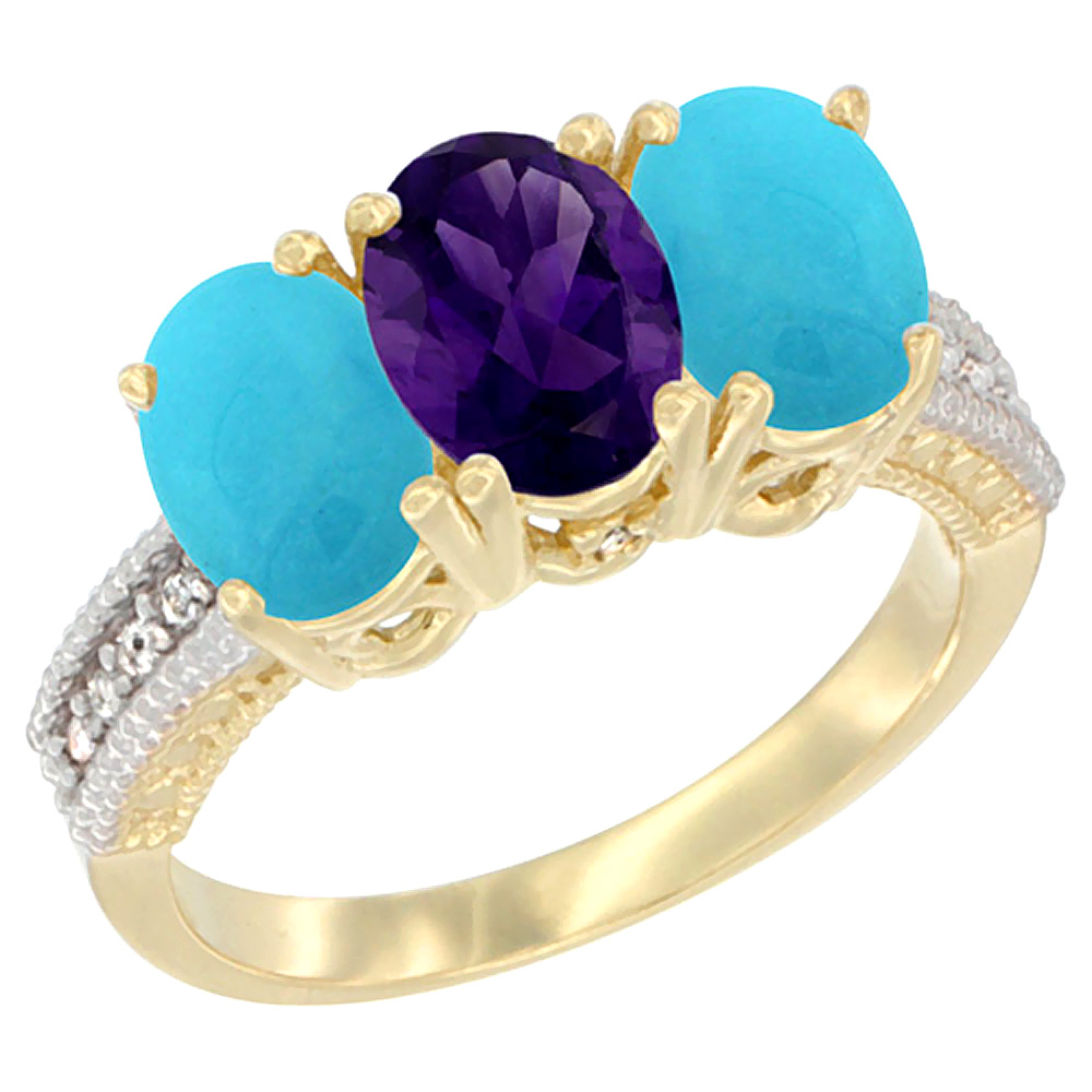 10K Yellow Gold Natural Amethyst & Turquoise Ring 3-Stone Oval 7x5 mm Diamond Accent, sizes 5 - 10