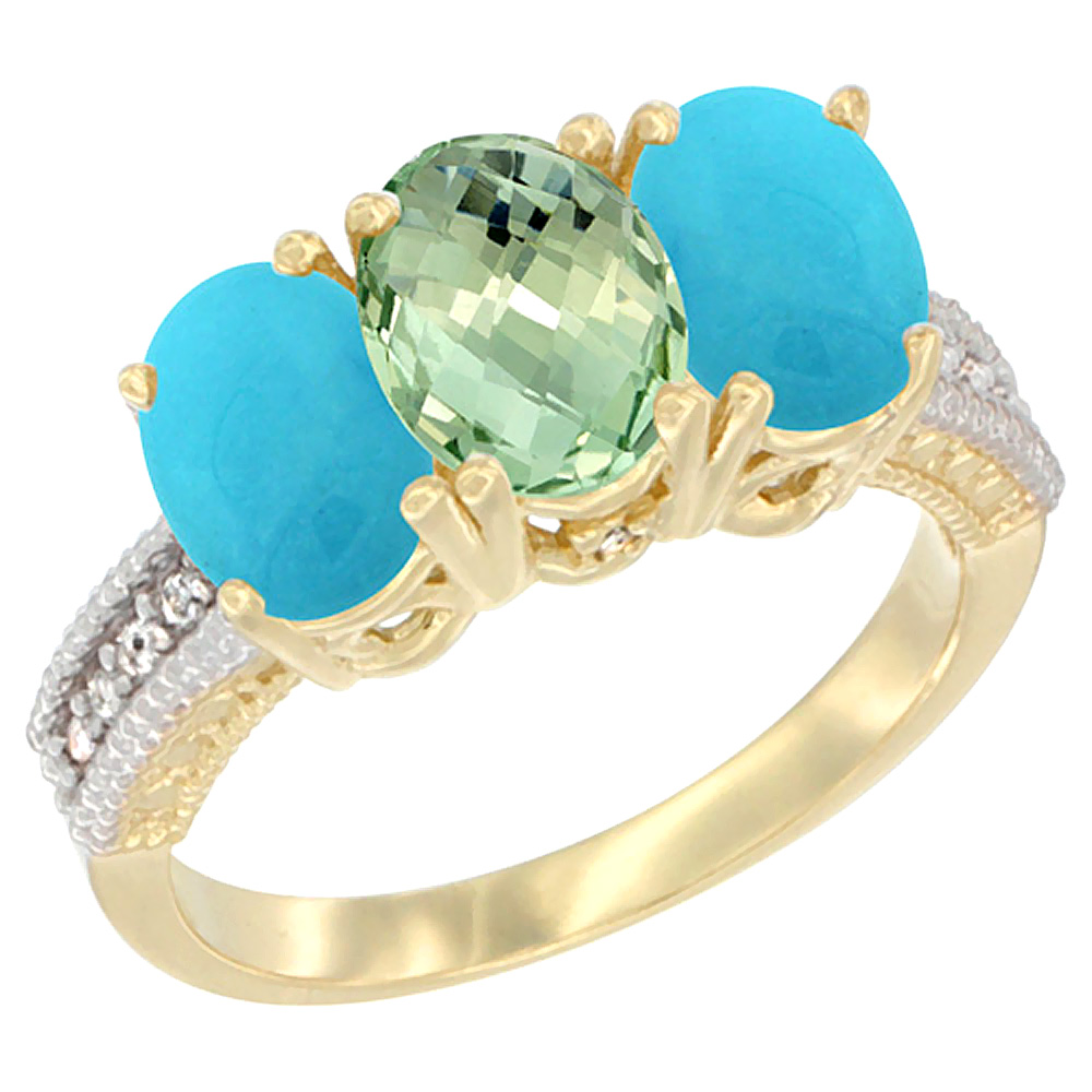 10K Yellow Gold Natural Green Amethyst & Turquoise Ring 3-Stone Oval 7x5 mm Diamond Accent, sizes 5 - 10