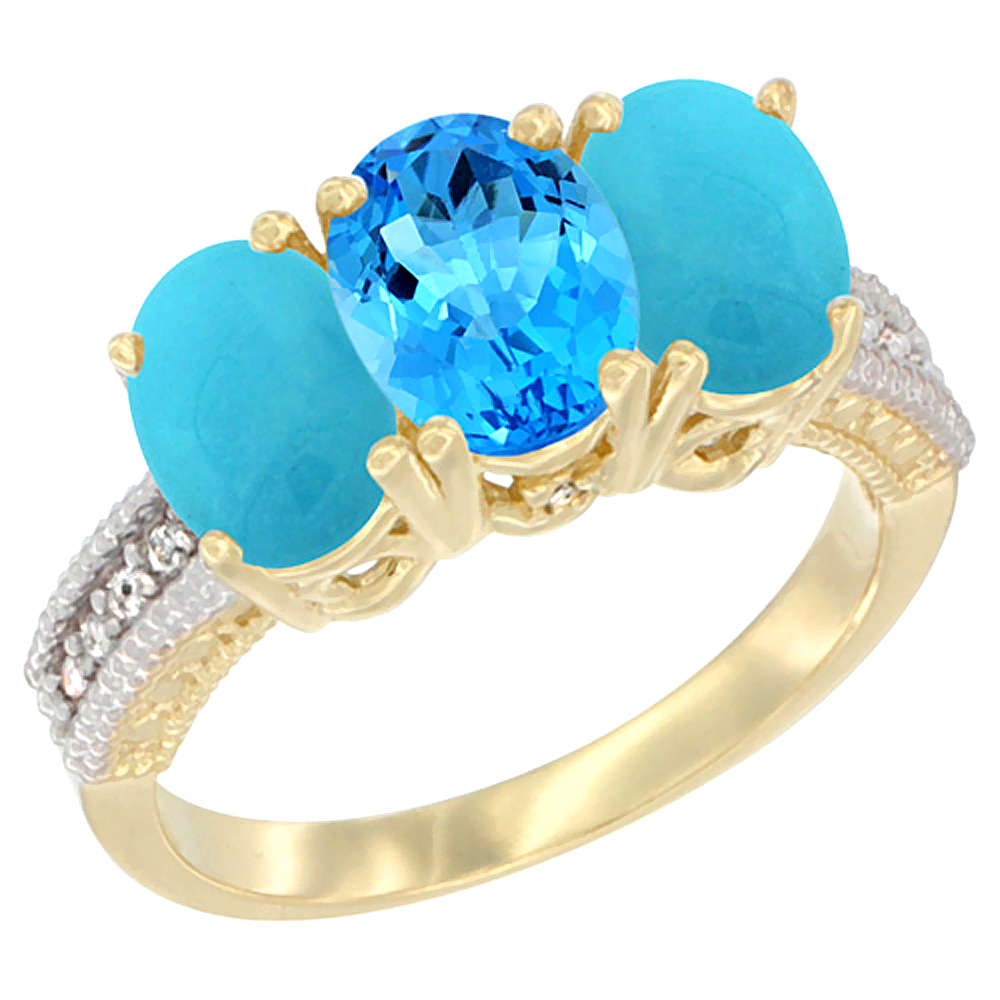 10K Yellow Gold Natural Swiss Blue Topaz & Turquoise Ring 3-Stone Oval 7x5 mm Diamond Accent, sizes 5 - 10