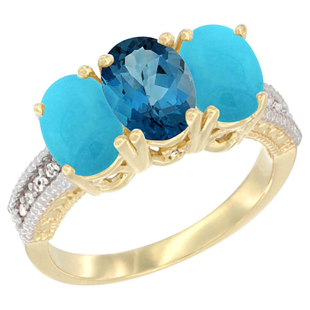 10K Yellow Gold Natural London Blue Topaz & Turquoise Ring 3-Stone Oval 7x5 mm Diamond Accent, sizes 5 - 10