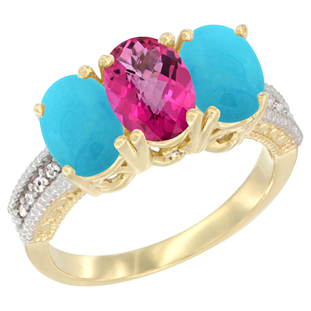 10K Yellow Gold Natural Pink Topaz & Turquoise Ring 3-Stone Oval 7x5 mm Diamond Accent, sizes 5 - 10