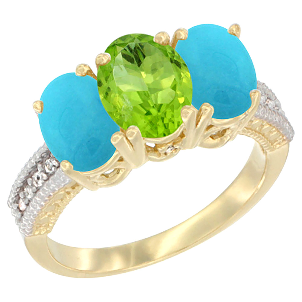 10K Yellow Gold Natural Peridot & Turquoise Ring 3-Stone Oval 7x5 mm Diamond Accent, sizes 5 - 10