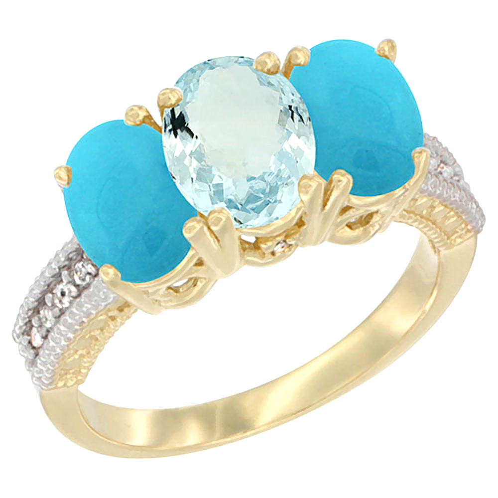 10K Yellow Gold Natural Aquamarine & Turquoise Ring 3-Stone Oval 7x5 mm Diamond Accent, sizes 5 - 10