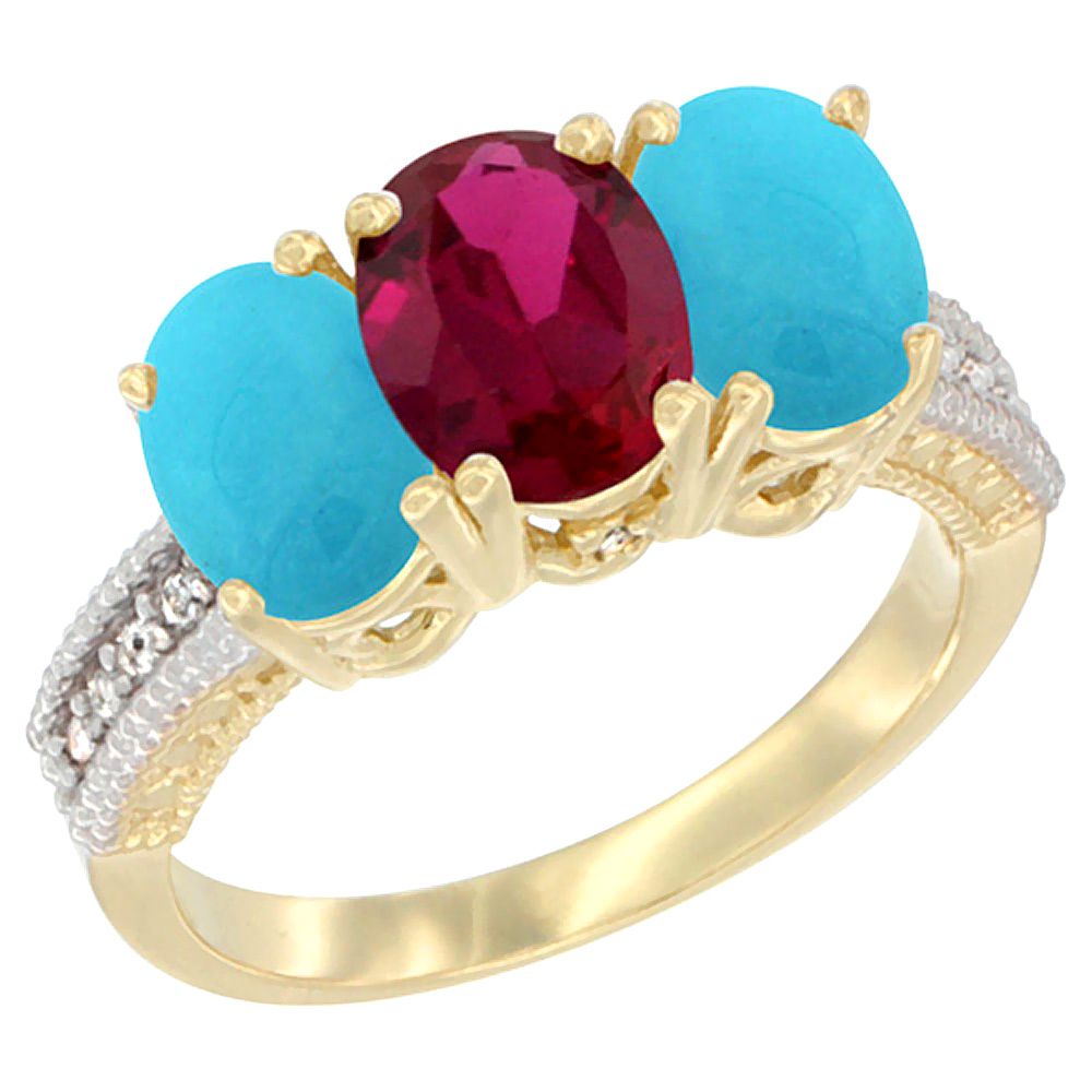 10K Yellow Gold Natural Ruby & Turquoise Ring 3-Stone Oval 7x5 mm Diamond Accent, sizes 5 - 10