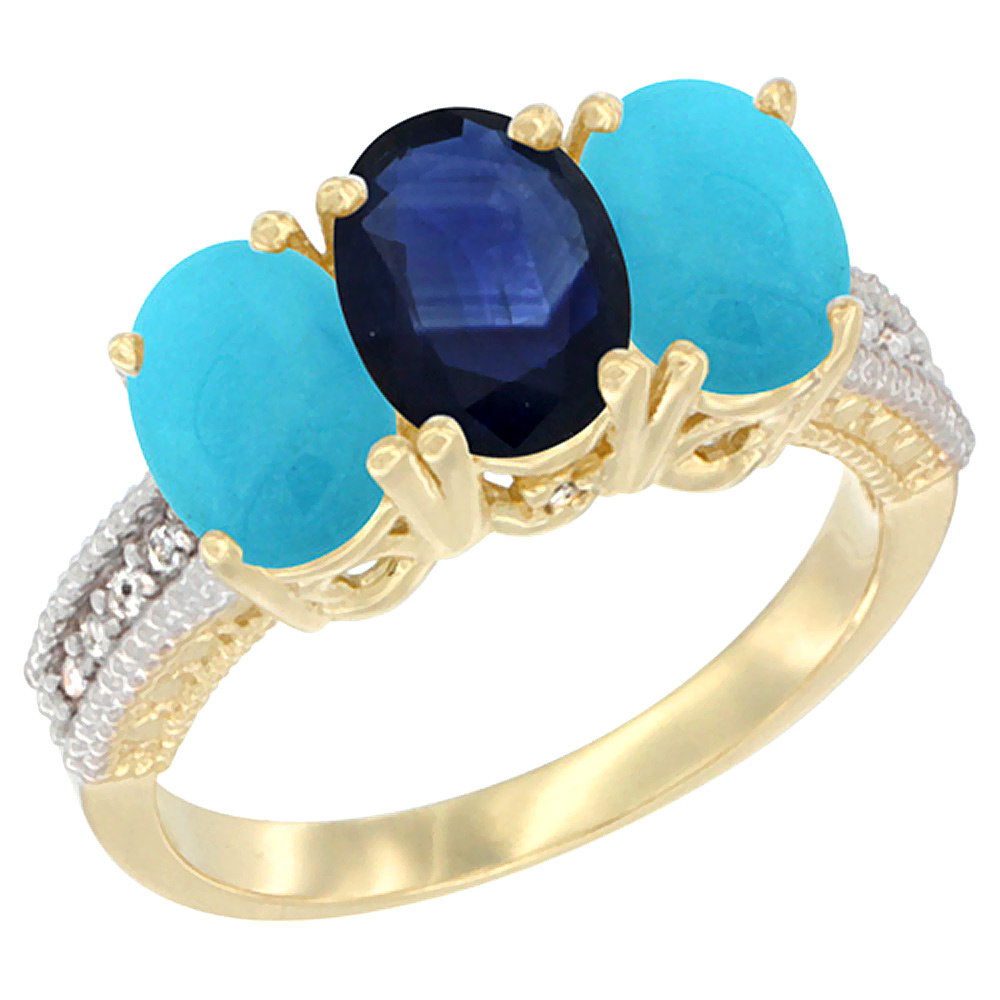 10K Yellow Gold Natural Blue Sapphire & Turquoise Ring 3-Stone Oval 7x5 mm Diamond Accent, sizes 5 - 10