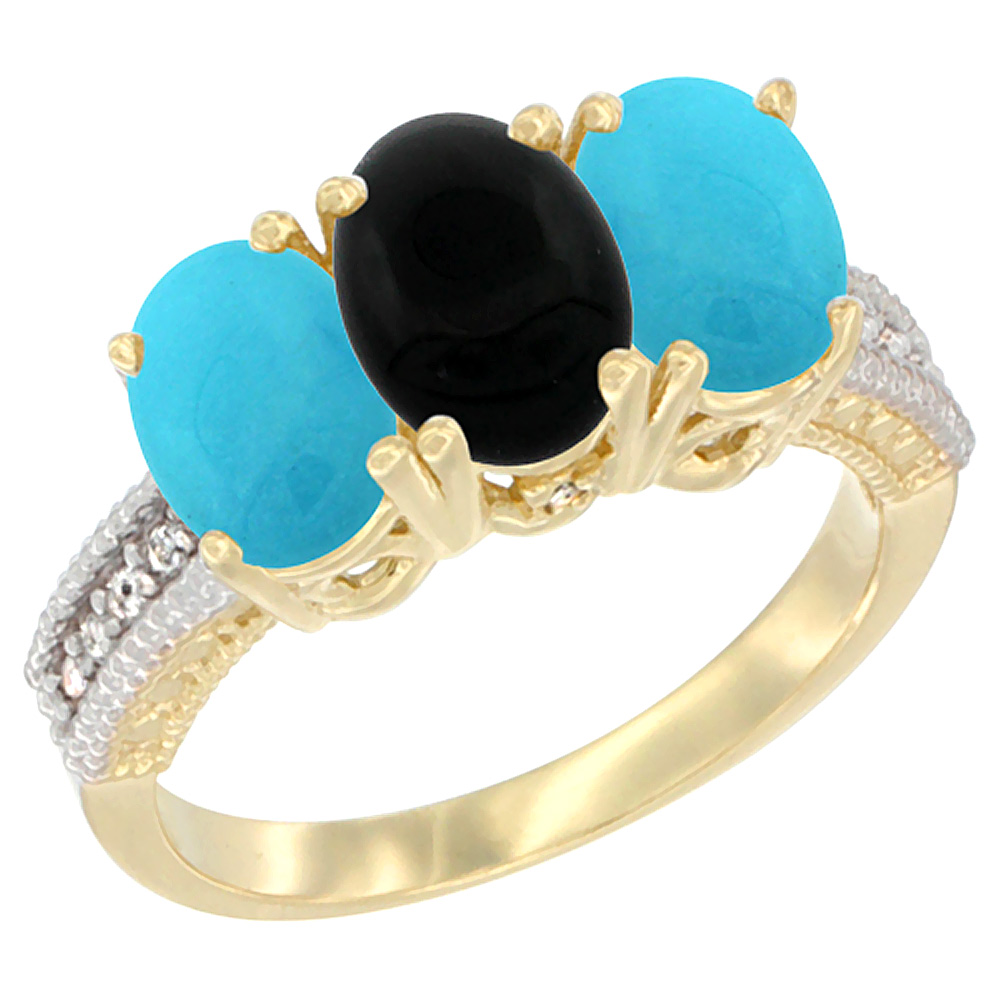 10K Yellow Gold Natural Black Onyx & Turquoise Ring 3-Stone Oval 7x5 mm Diamond Accent, sizes 5 - 10