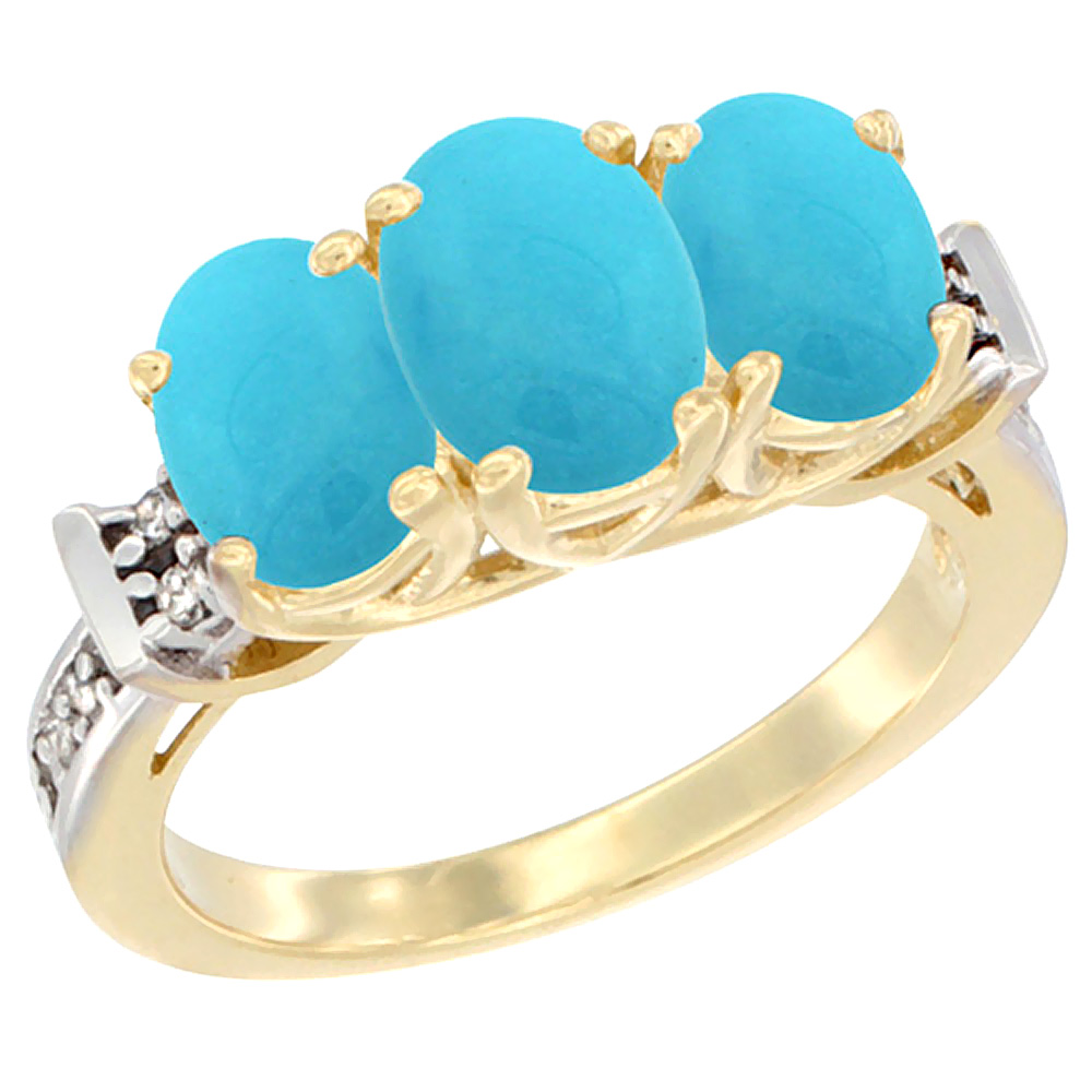 14K Yellow Gold Natural Turquoise Ring 3-Stone Oval Diamond Accent, sizes 5 - 10
