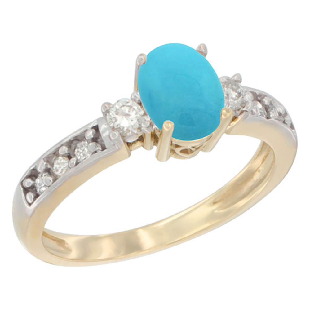 10k Yellow Gold Natural Turquoise Ring Oval 7x5 mm Diamond Accent, sizes 5 - 10