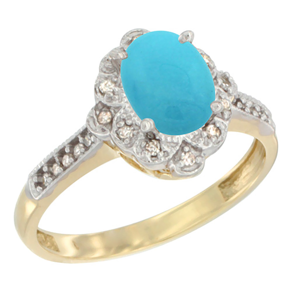 10K Yellow Gold Natural Turquoise Ring Oval 8x6 mm Floral Diamond Halo, sizes 5 - 10