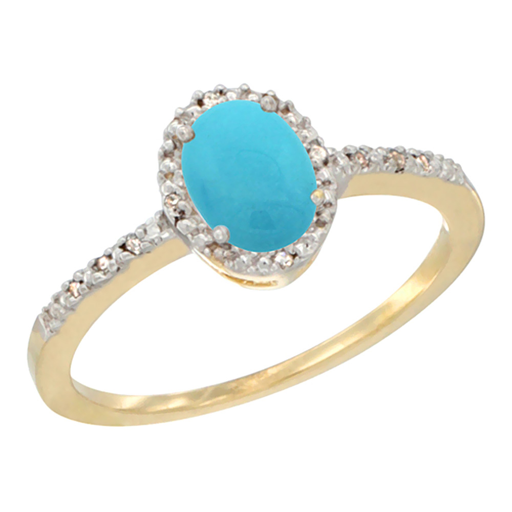 10K Yellow Gold Diamond Natural Turquoise Engagement Ring Oval 7x5 mm, sizes 5 - 10