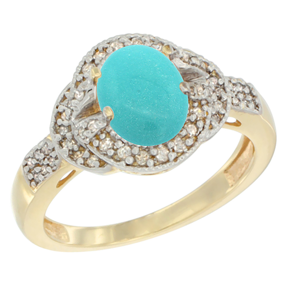 10K Yellow Gold Natural Turquoise Ring Oval 8x6 mm Diamond Accent, sizes 5 - 10