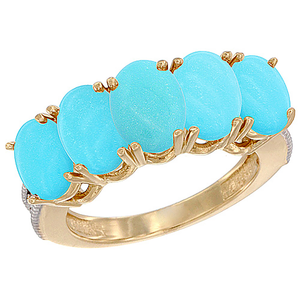 10K Yellow Gold Natural Turquoise 1 ct. Oval 7x5mm 5-Stone Mother's Ring with Diamond Accents, sizes 5 to 10 with half sizes
