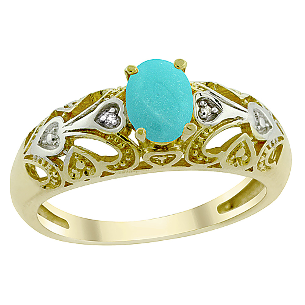 10K Yellow Gold Natural Turquoise Ring Oval 6x4 mm Diamond Accent, sizes 5 - 10