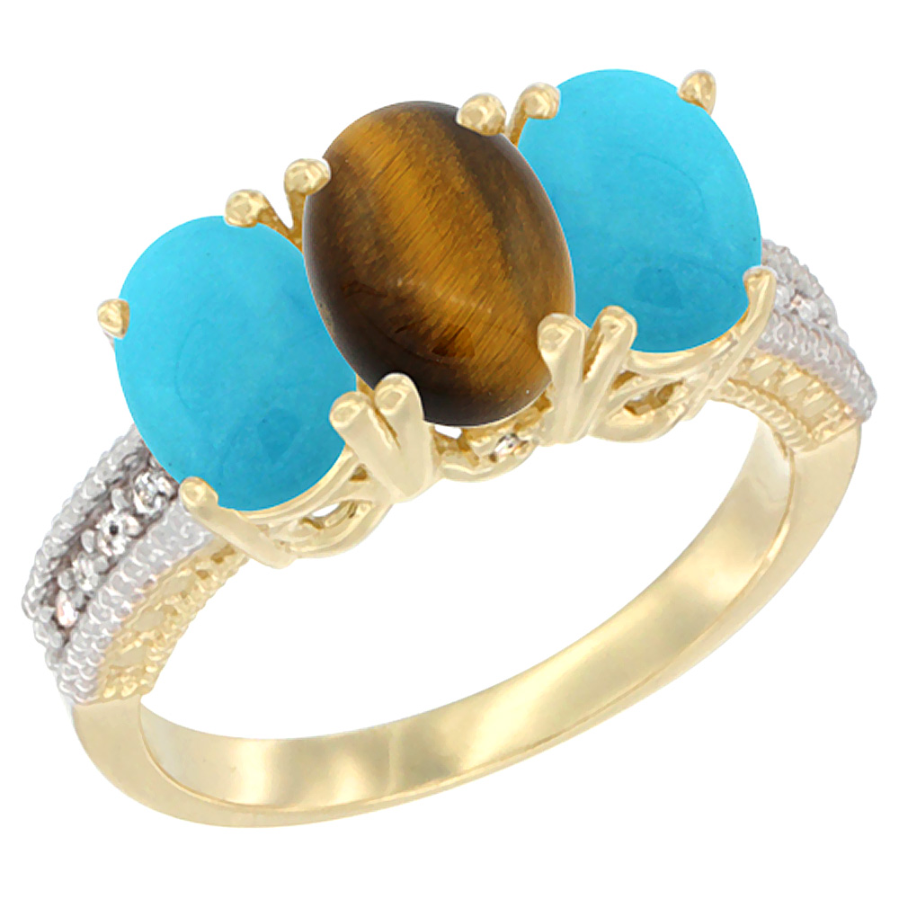 10K Yellow Gold Natural Tiger Eye & Turquoise Ring 3-Stone Oval 7x5 mm Diamond Accent, sizes 5 - 10