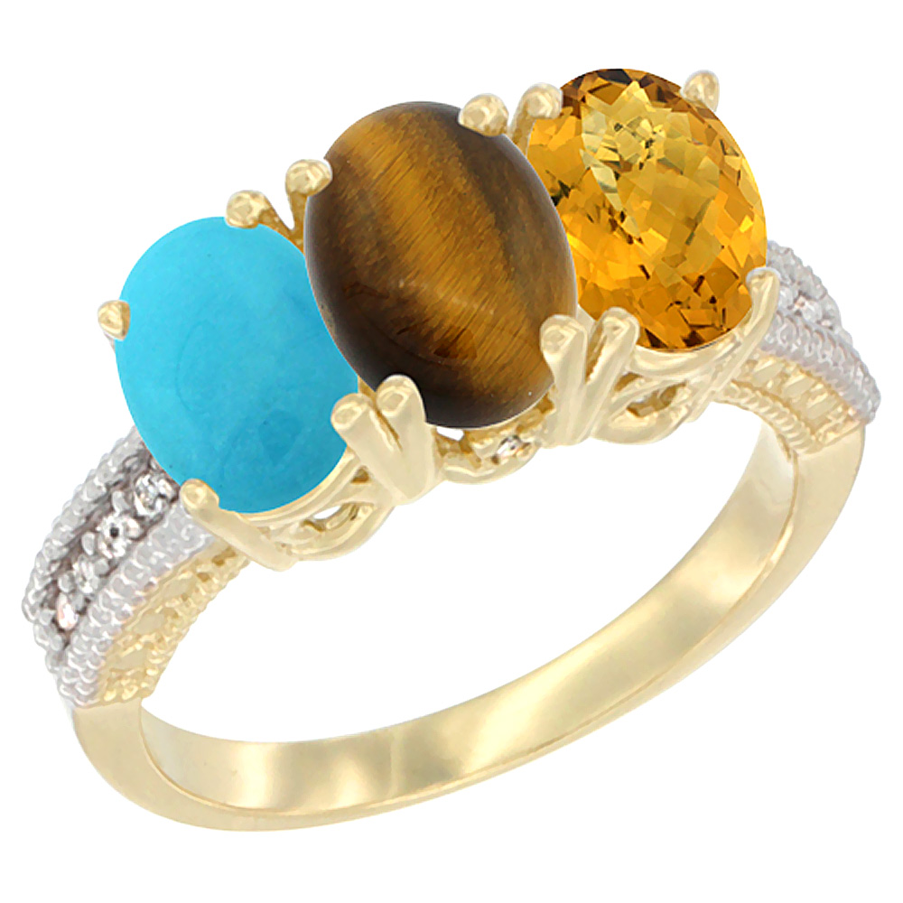 10K Yellow Gold Natural Turquoise, Tiger Eye & Whisky Quartz Ring 3-Stone Oval 7x5 mm Diamond Accent, sizes 5 - 10