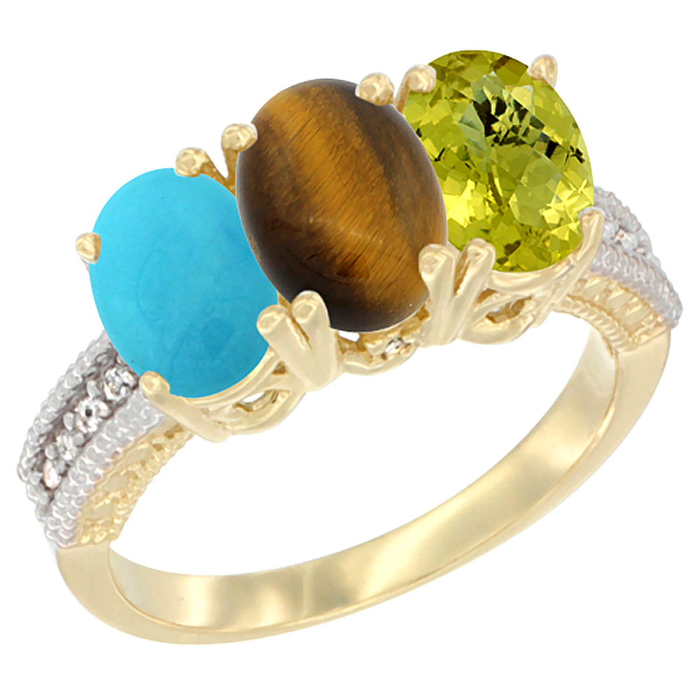 10K Yellow Gold Natural Turquoise, Tiger Eye & Lemon Quartz Ring 3-Stone Oval 7x5 mm Diamond Accent, sizes 5 - 10