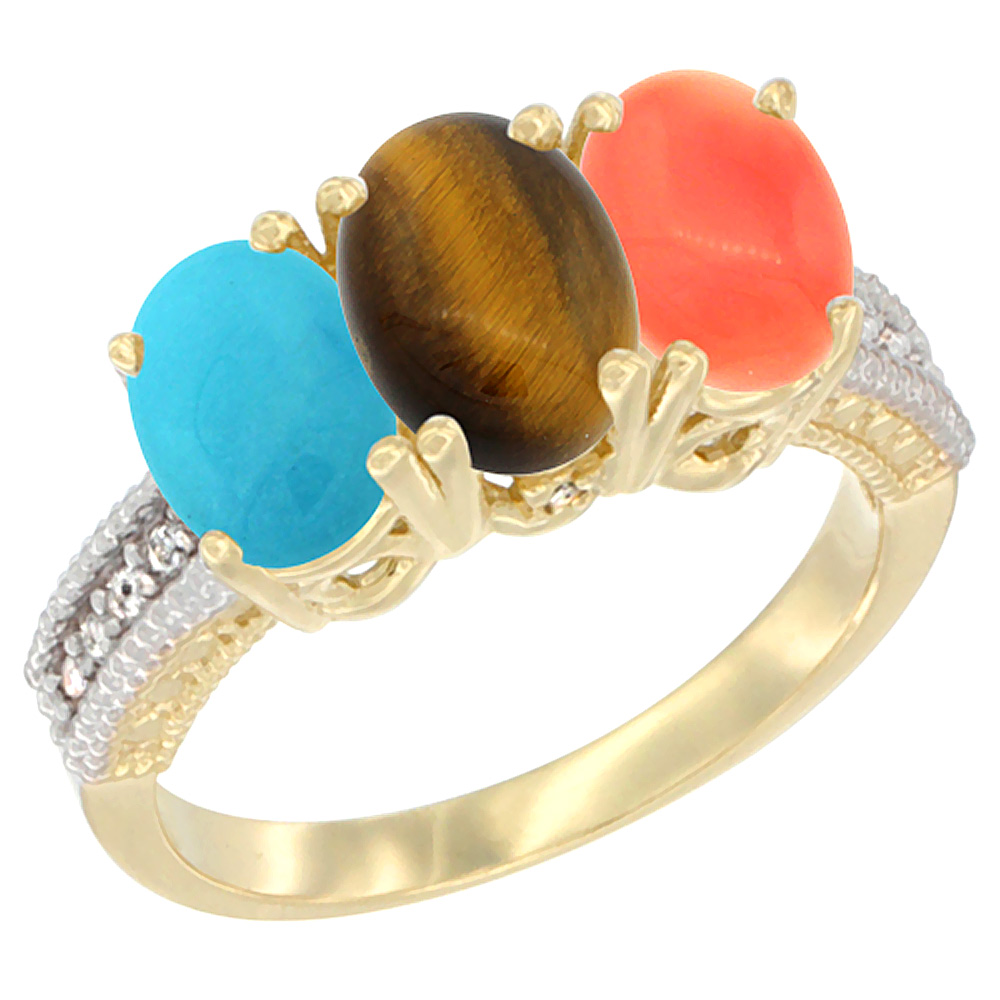 10K Yellow Gold Natural Turquoise, Tiger Eye & Coral Ring 3-Stone Oval 7x5 mm Diamond Accent, sizes 5 - 10