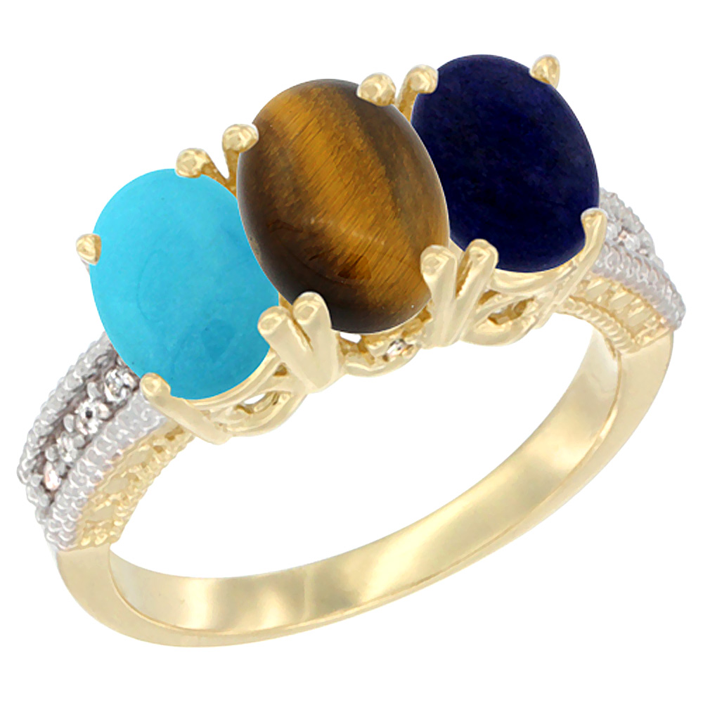 10K Yellow Gold Natural Turquoise, Tiger Eye & Lapis Ring 3-Stone Oval 7x5 mm Diamond Accent, sizes 5 - 10