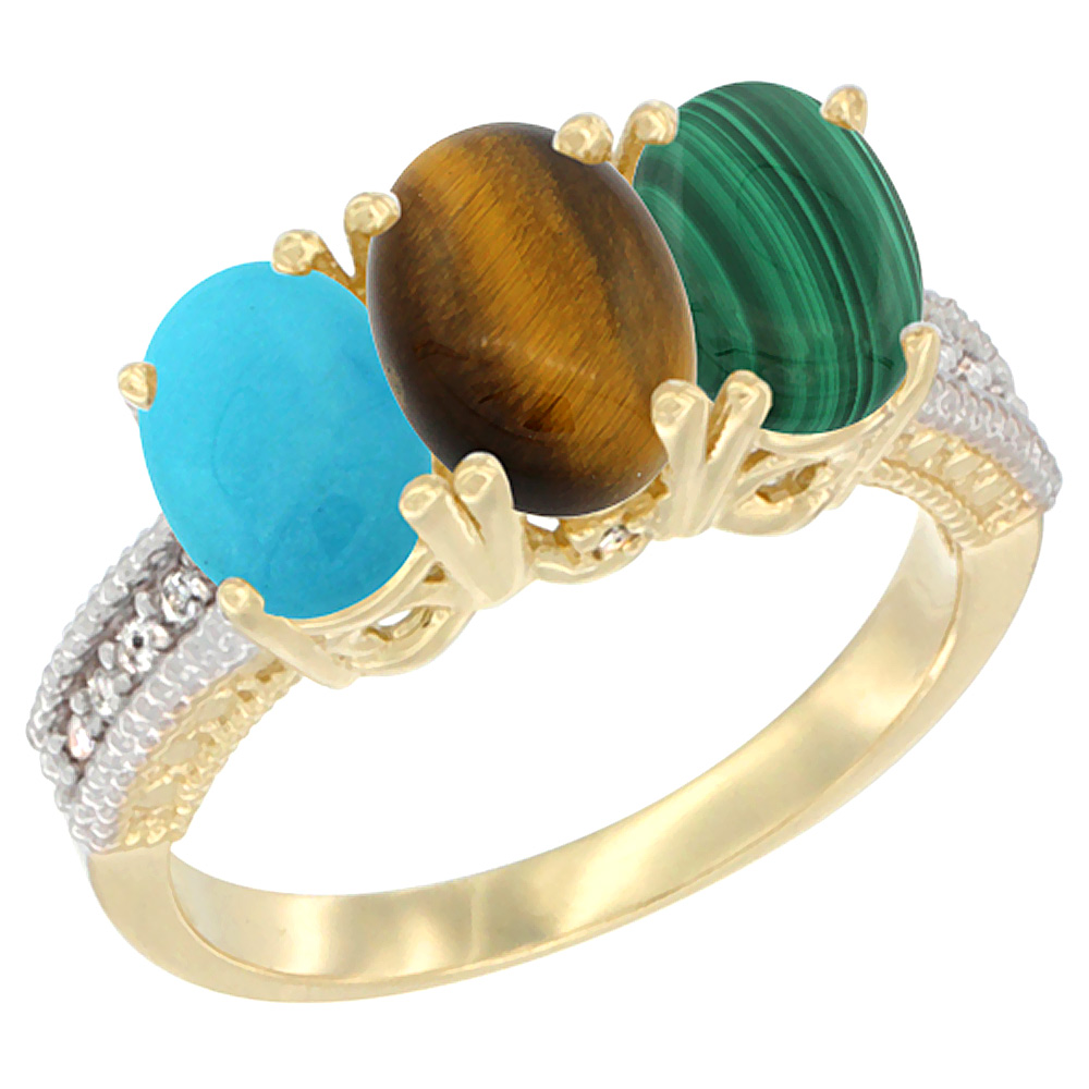10K Yellow Gold Natural Turquoise, Tiger Eye & Malachite Ring 3-Stone Oval 7x5 mm Diamond Accent, sizes 5 - 10