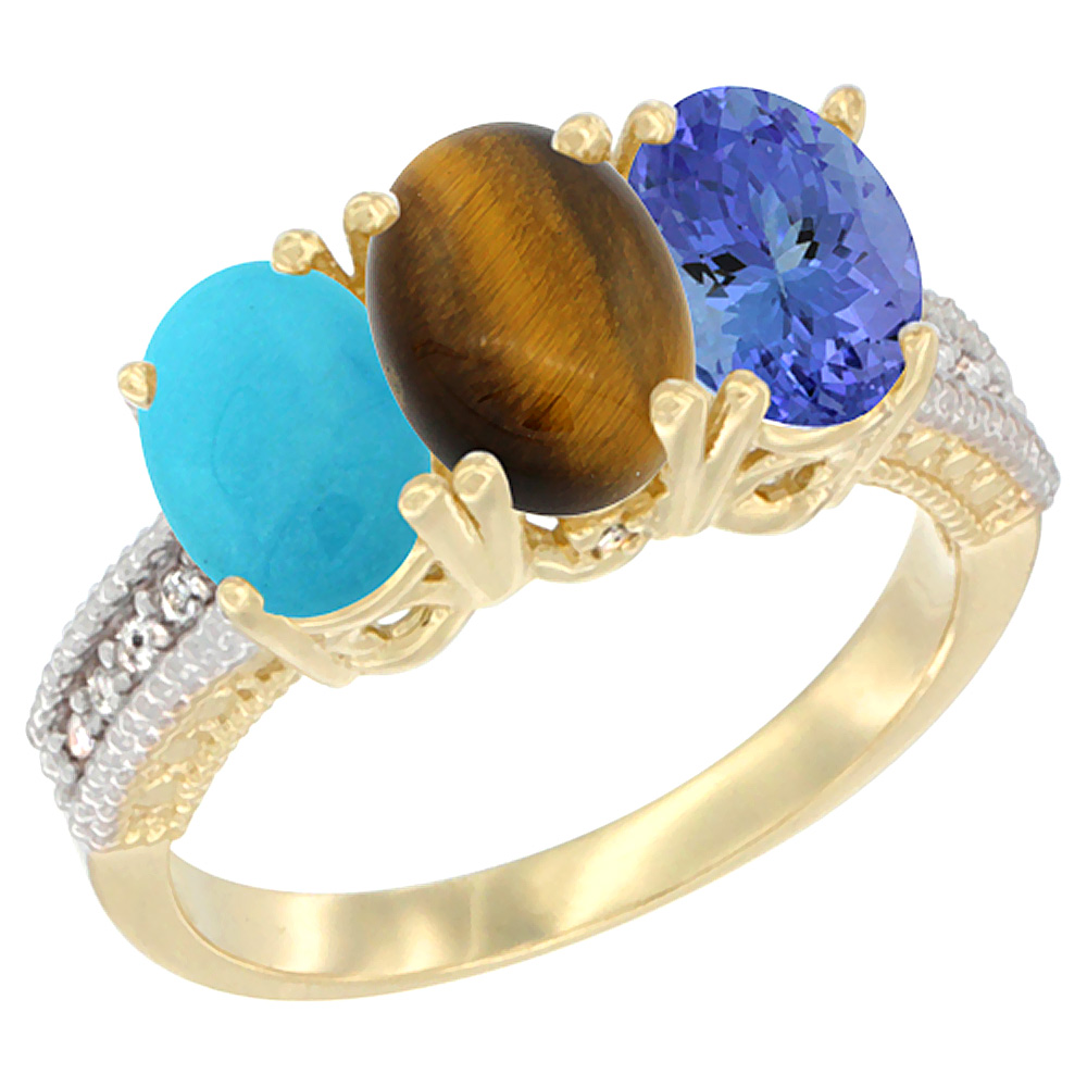 10K Yellow Gold Natural Turquoise, Tiger Eye & Tanzanite Ring 3-Stone Oval 7x5 mm Diamond Accent, sizes 5 - 10