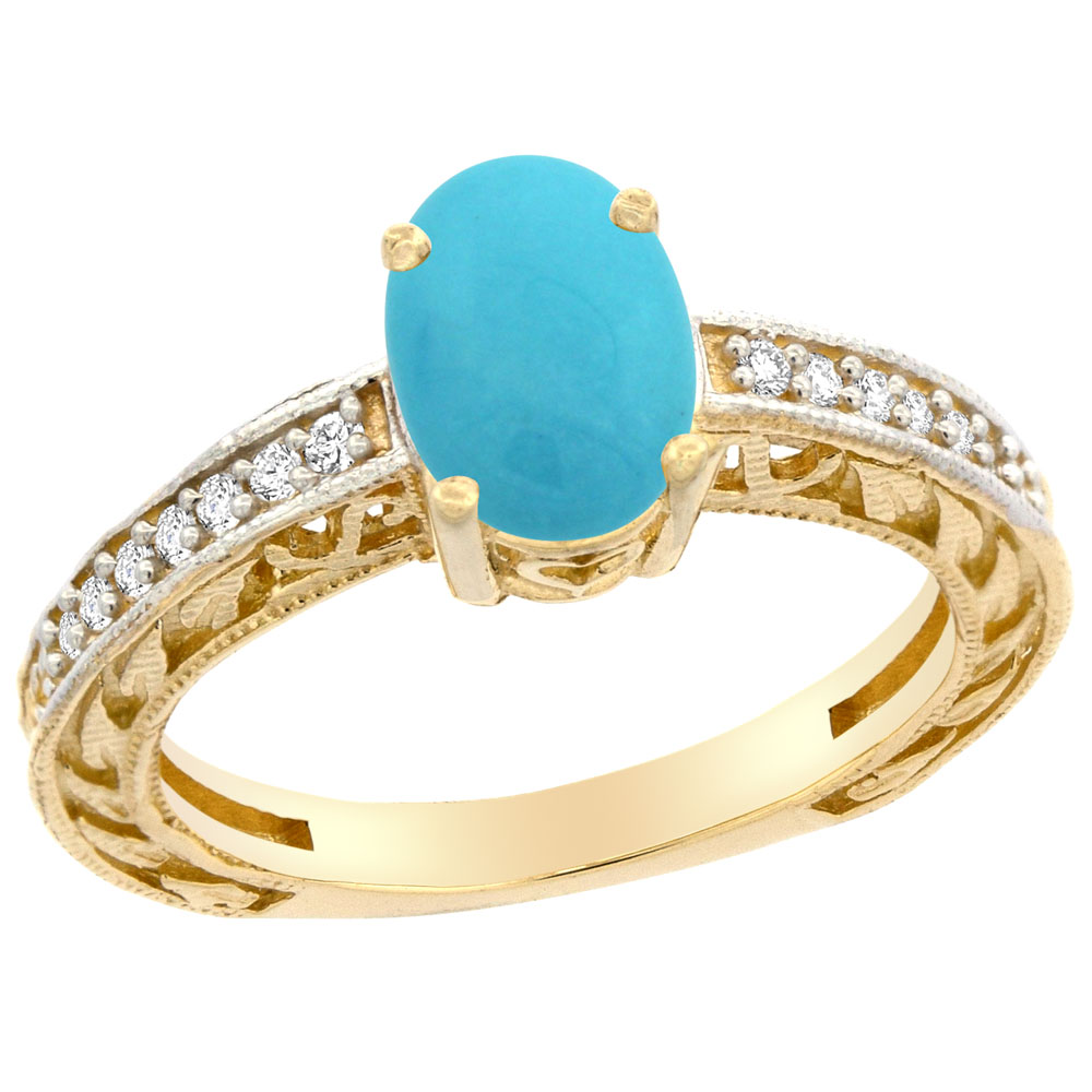 10K Gold Natural Turquoise Ring Oval 8x6 mm Diamond Accents, sizes 5 - 10
