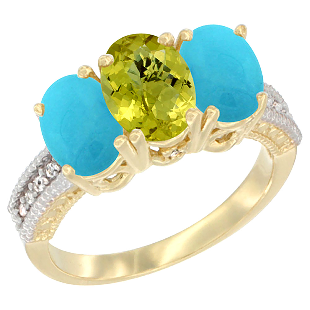 10K Yellow Gold Natural Lemon Quartz & Turquoise Ring 3-Stone Oval 7x5 mm Diamond Accent, sizes 5 - 10