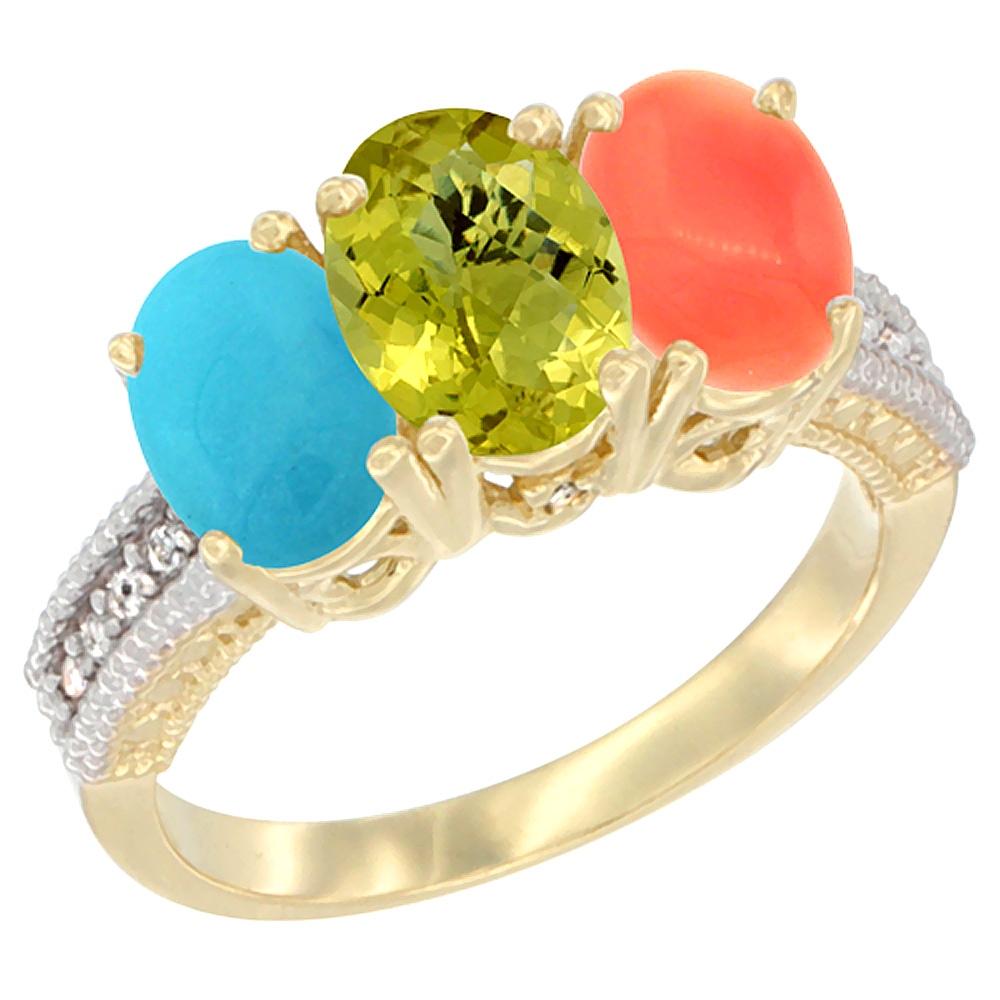 10K Yellow Gold Natural Turquoise, Lemon Quartz & Coral Ring 3-Stone Oval 7x5 mm Diamond Accent, sizes 5 - 10
