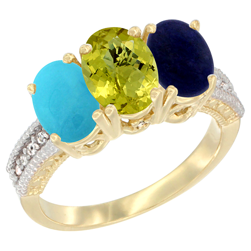 10K Yellow Gold Natural Turquoise, Lemon Quartz & Lapis Ring 3-Stone Oval 7x5 mm Diamond Accent, sizes 5 - 10