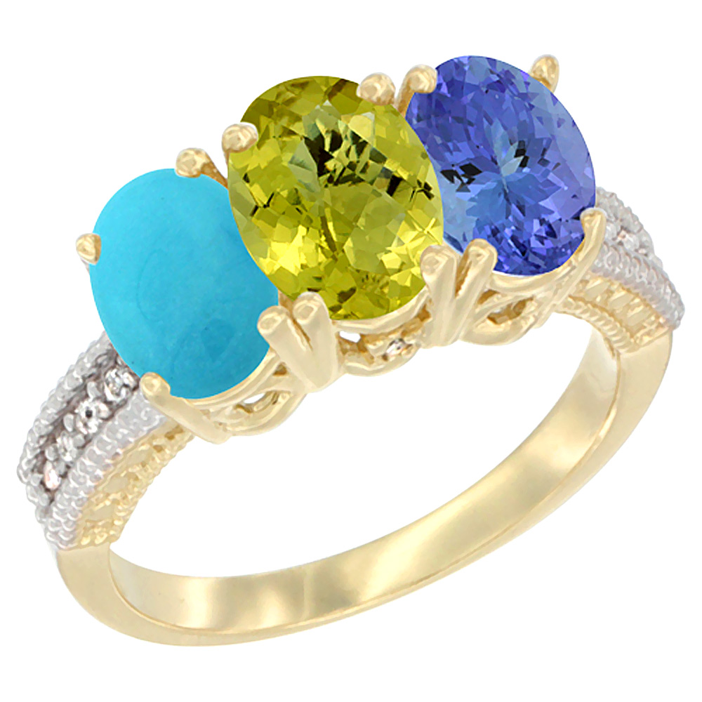 10K Yellow Gold Natural Turquoise, Lemon Quartz & Tanzanite Ring 3-Stone Oval 7x5 mm Diamond Accent, sizes 5 - 10