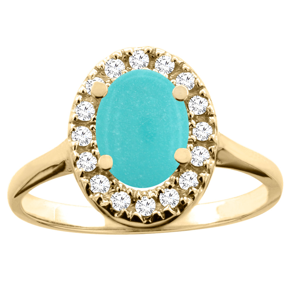 10K White/Yellow Gold Natural Turquoise Ring Oval 8x6mm Diamond Accent, sizes 5 - 10