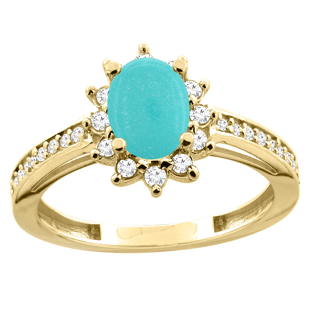 10K White/Yellow Gold Diamond Natural Turquoise Floral Halo Engagement Ring Oval 7x5mm, sizes 5 - 10