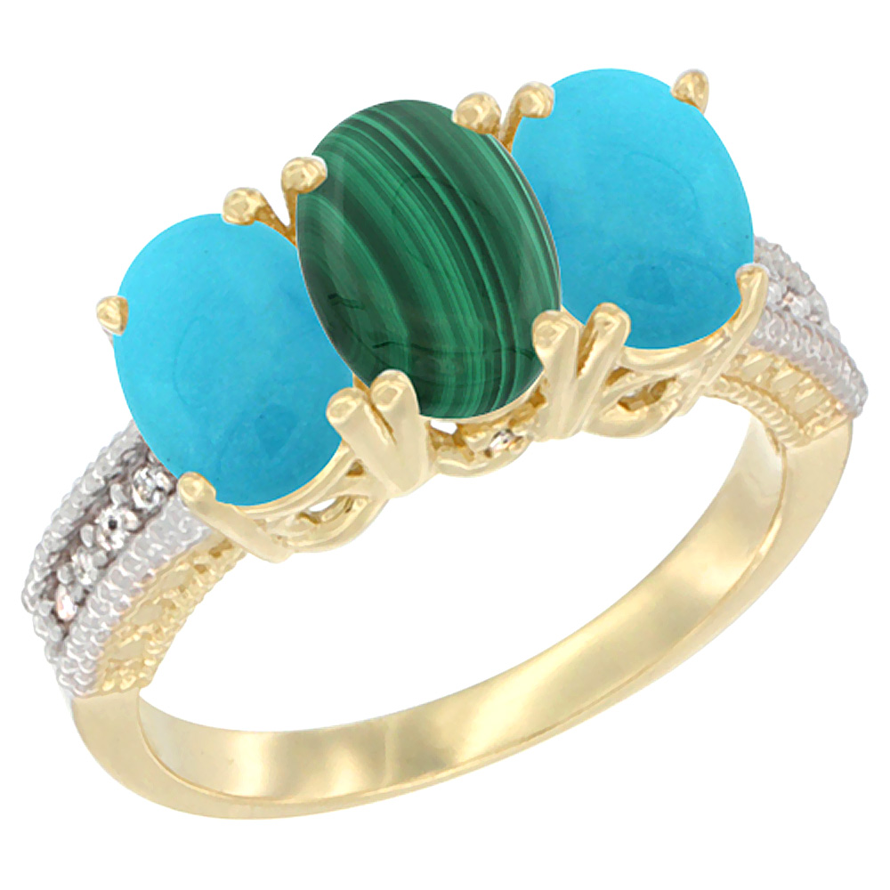 10K Yellow Gold Natural Malachite & Turquoise Ring 3-Stone Oval 7x5 mm Diamond Accent, sizes 5 - 10