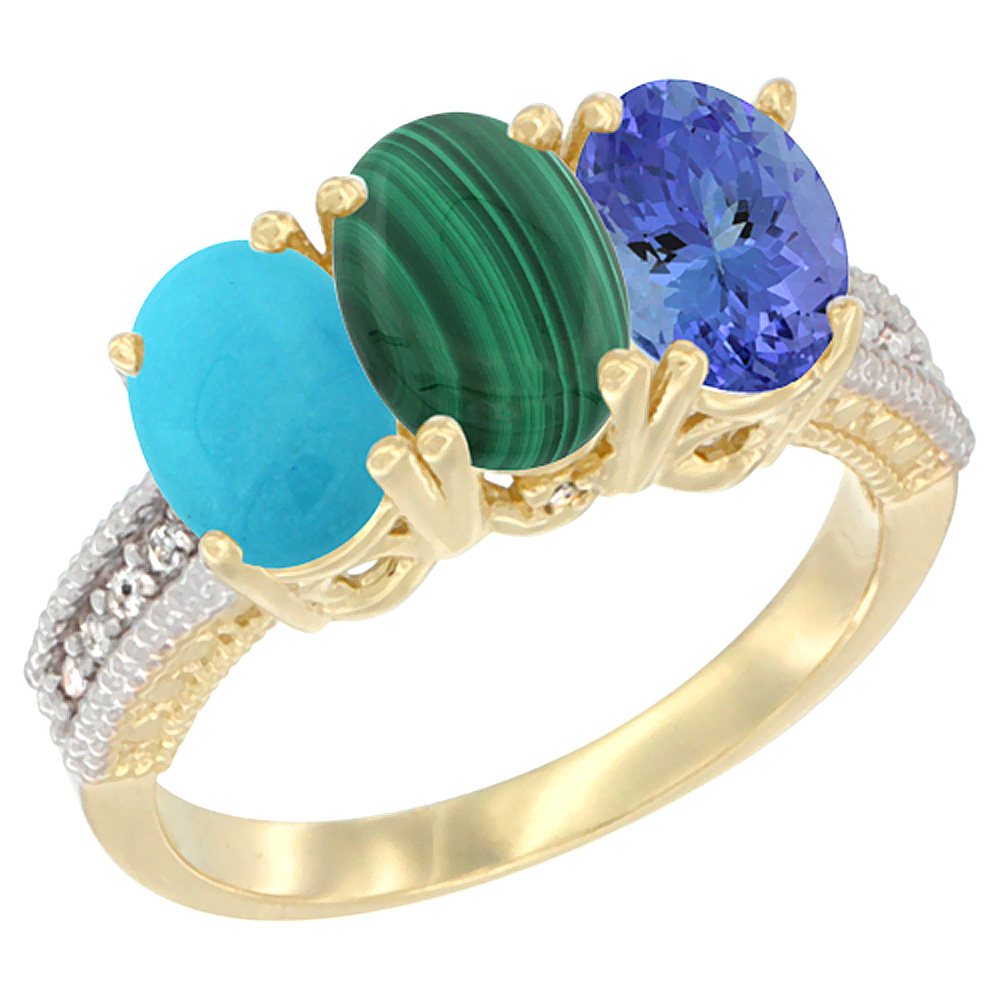 10K Yellow Gold Natural Turquoise, Malachite & Tanzanite Ring 3-Stone Oval 7x5 mm Diamond Accent, sizes 5 - 10