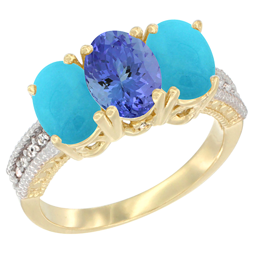 10K Yellow Gold Natural Tanzanite & Turquoise Ring 3-Stone Oval 7x5 mm Diamond Accent, sizes 5 - 10